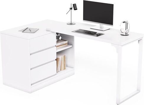 LITTLE TREE 70-Inch Computer Desk with Drawers, Movable L Shaped Desk with Storage,for Home Office, Gaming, Interchangeable Left and Right (White) in Saudi Arabia