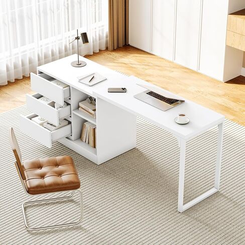 LITTLE TREE 70-Inch Computer Desk with Drawers, Movable L Shaped Desk with Storage,for Home Office, Gaming, Interchangeable Left and Right (White) in Saudi Arabia