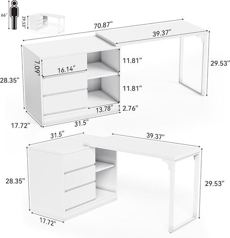 LITTLE TREE 70-Inch Computer Desk with Drawers, Movable L Shaped Desk with Storage,for Home Office, Gaming, Interchangeable Left and Right (White) in Saudi Arabia