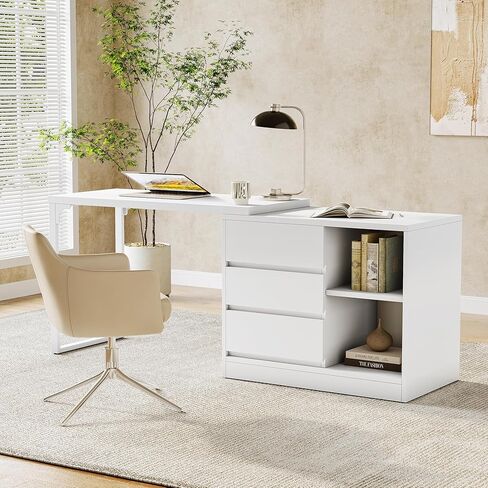 LITTLE TREE 70-Inch Computer Desk with Drawers, Movable L Shaped Desk with Storage,for Home Office, Gaming, Interchangeable Left and Right (White) in Saudi Arabia