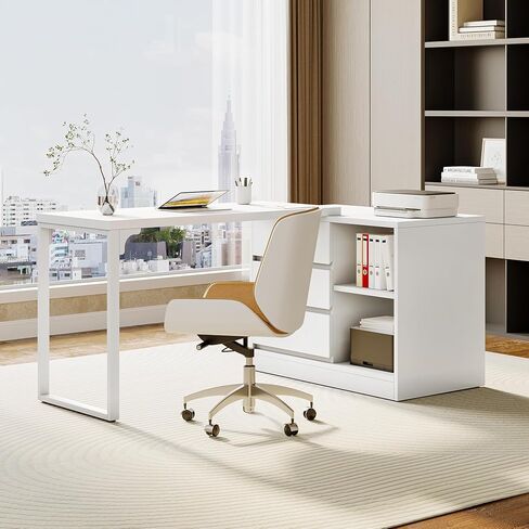 LITTLE TREE 70-Inch Computer Desk with Drawers, Movable L Shaped Desk with Storage,for Home Office, Gaming, Interchangeable Left and Right (White) in Saudi Arabia