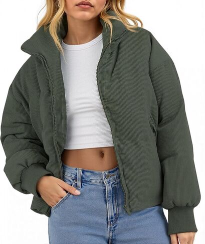 Fisoew Women's Corduroy Quilted Puffer Jackets Long Sleeve Zip Up Stand Winter Down Coat with Pockets in Saudi Arabia