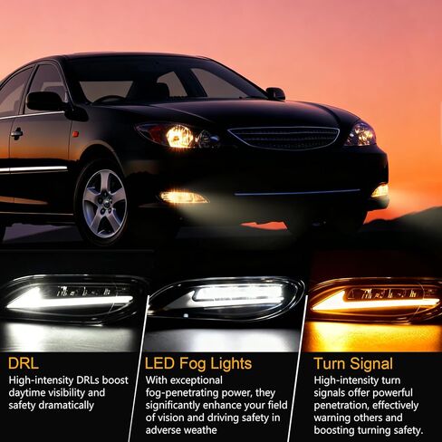 LED Fog Light Assembly with DRL Turn Signal, High Brightness Clear Front Lights Kit Vehicle Specific Fit for 2002-2004 Toyota Camry 2005-2008 Corolla 2002-2003 Solara DOT Approved in Saudi Arabia