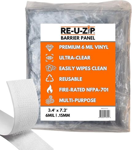 طقم حاجز الغبار ذو الخطاف والحلقة فائق الوضوح من RE-U-Zip® | قطع لحجم | فينيل FR شديد التحمل وقابل لإعادة الاستخدام وقابل للفصل مقاس 12 مل (5'x9') in Kuwait