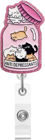 Funny Cat Badge Reel,Cute Pink Bottle Cat Acrylic Badge for ID Card Badge,Telescoping Retractable Badge Holder Alligator Clip Accessories for Nurse,Medical Worker,Nursing Student,Teacher in Saudi Arabia