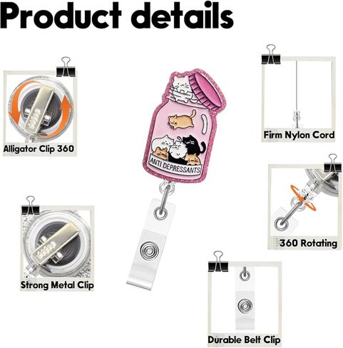 Funny Cat Badge Reel,Cute Pink Bottle Cat Acrylic Badge for ID Card Badge,Telescoping Retractable Badge Holder Alligator Clip Accessories for Nurse,Medical Worker,Nursing Student,Teacher in Saudi Arabia