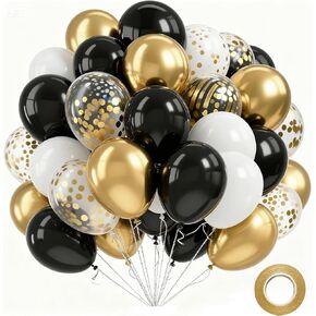 بالونات سوداء وذهبية - 60 قطعة بالونات بيضاء لؤلؤية ومعدنية مقاس 30.48 سم لحفلات الزفاف وأعياد الميلاد وحفلات استقبال المولود الجديد (20 أسود، 20 أبيض، 10 ذهبي، 10 قصاصات) in Kuwait