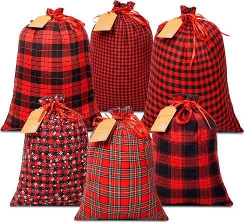 OuMuaMua Fabric Christmas Gift Bags with Drawstring - 6 Pack Cloth Buffalo Plaid Bag with Kraft Gift Tags for Christmas Holiday Present Gift Wrapping in Saudi Arabia