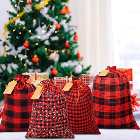 OuMuaMua Fabric Christmas Gift Bags with Drawstring - 6 Pack Cloth Buffalo Plaid Bag with Kraft Gift Tags for Christmas Holiday Present Gift Wrapping in Saudi Arabia