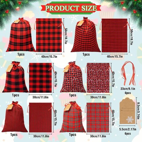 OuMuaMua Fabric Christmas Gift Bags with Drawstring - 6 Pack Cloth Buffalo Plaid Bag with Kraft Gift Tags for Christmas Holiday Present Gift Wrapping in Saudi Arabia