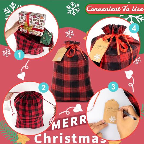 OuMuaMua Fabric Christmas Gift Bags with Drawstring - 6 Pack Cloth Buffalo Plaid Bag with Kraft Gift Tags for Christmas Holiday Present Gift Wrapping in Saudi Arabia