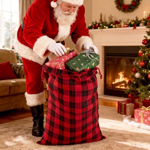 OuMuaMua Fabric Christmas Gift Bags with Drawstring - 6 Pack Cloth Buffalo Plaid Bag with Kraft Gift Tags for Christmas Holiday Present Gift Wrapping in Saudi Arabia