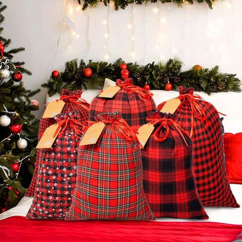 OuMuaMua Fabric Christmas Gift Bags with Drawstring - 6 Pack Cloth Buffalo Plaid Bag with Kraft Gift Tags for Christmas Holiday Present Gift Wrapping in Saudi Arabia