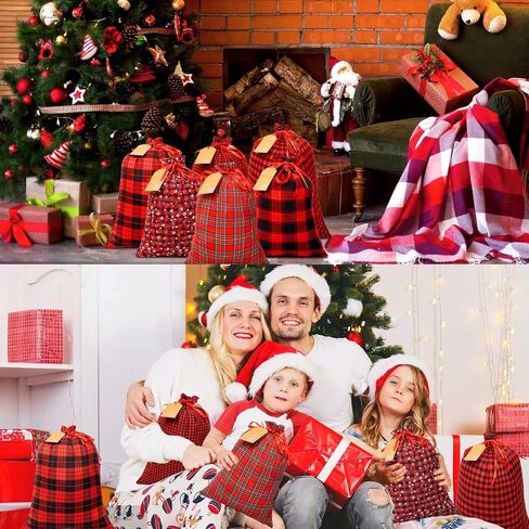 OuMuaMua Fabric Christmas Gift Bags with Drawstring - 6 Pack Cloth Buffalo Plaid Bag with Kraft Gift Tags for Christmas Holiday Present Gift Wrapping in Saudi Arabia