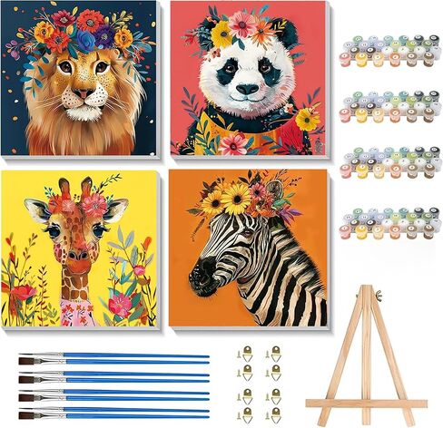 Yunruily 4 Pack Paint by Numbers with Frame,Paint by Numbers Kit for Kids,Funny Animal Kids Paint by Number Kits Age 8-12 with Wooden Easel for Gifts and Home Decor 8X8 inch in Saudi Arabia