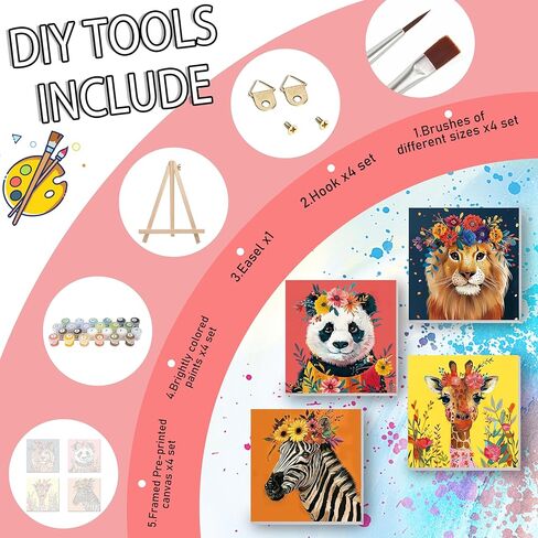 Yunruily 4 Pack Paint by Numbers with Frame,Paint by Numbers Kit for Kids,Funny Animal Kids Paint by Number Kits Age 8-12 with Wooden Easel for Gifts and Home Decor 8X8 inch in Saudi Arabia