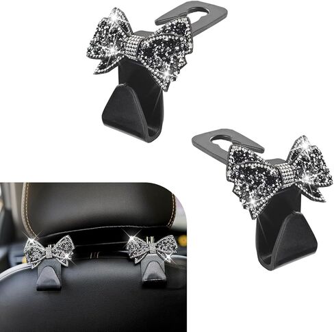 2 PCS Bling Bow Car Seat Headrest Hooks, S Type Crystal Seat Back Hangers, Universal Vehicle Storage Organizer for Handbag, Purse, Coat, Grocery Bags (Black) in Saudi Arabia
