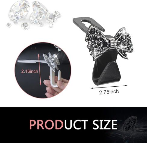 2 PCS Bling Bow Car Seat Headrest Hooks, S Type Crystal Seat Back Hangers, Universal Vehicle Storage Organizer for Handbag, Purse, Coat, Grocery Bags (Black) in Saudi Arabia