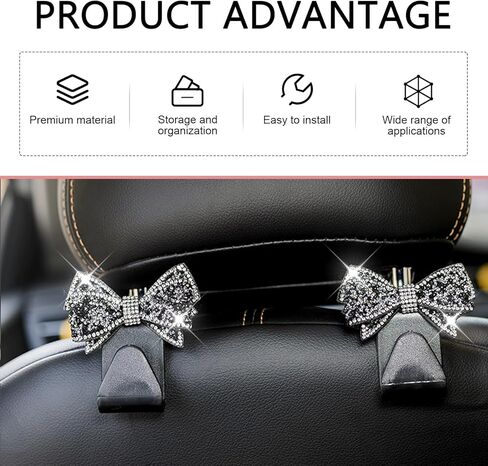 2 PCS Bling Bow Car Seat Headrest Hooks, S Type Crystal Seat Back Hangers, Universal Vehicle Storage Organizer for Handbag, Purse, Coat, Grocery Bags (Black) in Saudi Arabia