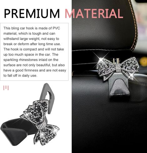 2 PCS Bling Bow Car Seat Headrest Hooks, S Type Crystal Seat Back Hangers, Universal Vehicle Storage Organizer for Handbag, Purse, Coat, Grocery Bags (Black) in Saudi Arabia