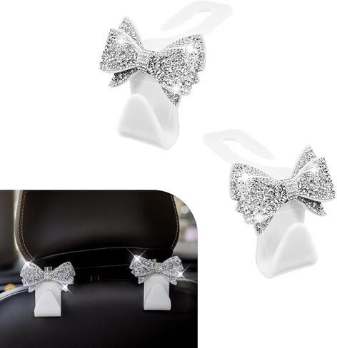2 PCS Bling Bow Car Seat Headrest Hooks, S Type Crystal Seat Back Hangers, Universal Vehicle Storage Organizer for Handbag, Purse, Coat, Grocery Bags (Black) in Saudi Arabia
