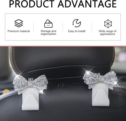 2 PCS Bling Bow Car Seat Headrest Hooks, S Type Crystal Seat Back Hangers, Universal Vehicle Storage Organizer for Handbag, Purse, Coat, Grocery Bags (Black) in Saudi Arabia