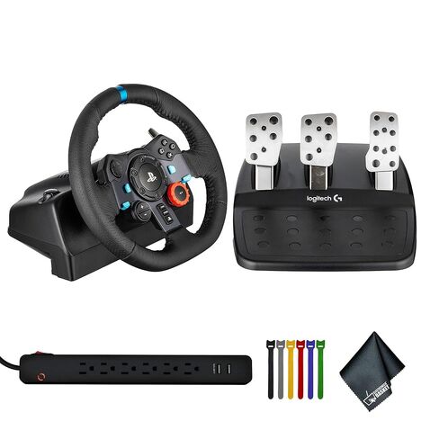 Logitech G G29 Driving Force Racing Wheel and Floor Pedals, Real Force Feedback, Stainless Steel Paddle Shifters (941-000110) Bundle Including: Surge Protector, Cable Ties, Electronic's Basket Cloth in Saudi Arabia