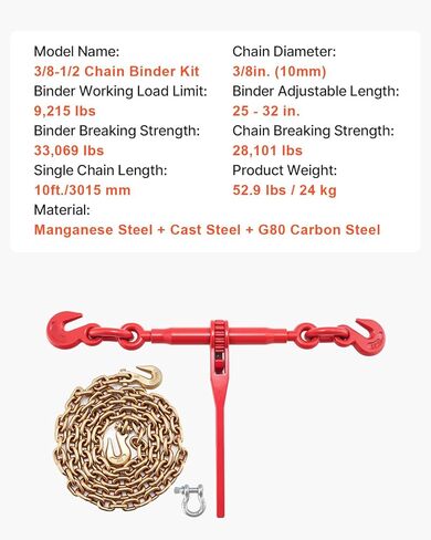 VEVOR 9215LBS 3/8" – 1/2" Ratchet Binders 9,215 LBS Secure Working Load, G70 Hooks and Adjustable Length, for Grade 70-80 Chains, Tie Down, Hauling, Towing, 2-Pack, Red in Kuwait