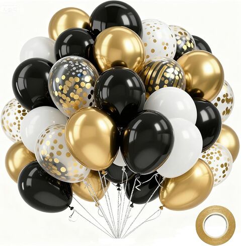 بالونات سوداء وذهبية - 60 قطعة بالونات بيضاء لؤلؤية ومعدنية مقاس 30.48 سم لحفلات الزفاف وأعياد الميلاد وحفلات استقبال المولود الجديد (20 أسود، 20 أبيض، 10 ذهبي، 10 قصاصات) in Kuwait