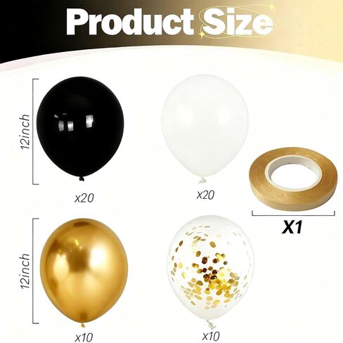 بالونات سوداء وذهبية - 60 قطعة بالونات بيضاء لؤلؤية ومعدنية مقاس 30.48 سم لحفلات الزفاف وأعياد الميلاد وحفلات استقبال المولود الجديد (20 أسود، 20 أبيض، 10 ذهبي، 10 قصاصات) in Kuwait