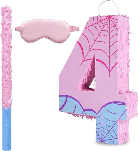 Pink Spider Web Number 3 Pinata, 16 Inch Spider Web Piñata for Boys Girls 3rd Birthday Party Decorations with Stick, Blindfold and Confetti (Spider Web Number 3 Pinata) in Kuwait