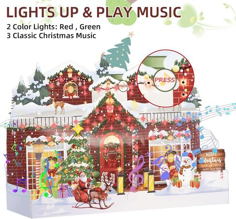 Christmas Greeting Cards,3D Pop Up Musical Christmas Card with Red Envelope & Animated Lights, Plays 3 Melody with Matching Flashing Lights in Saudi Arabia