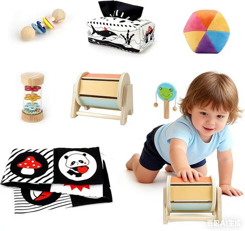 Montessori Toys for Babies 0-6 Months, 7 in 1 Learning Educational Set Newborn Toys 6-12 Months, Rainbow Ball, Baby Black and White Books, Tissue Box Toy, Spinning Drum, Rattle Toy in Kuwait