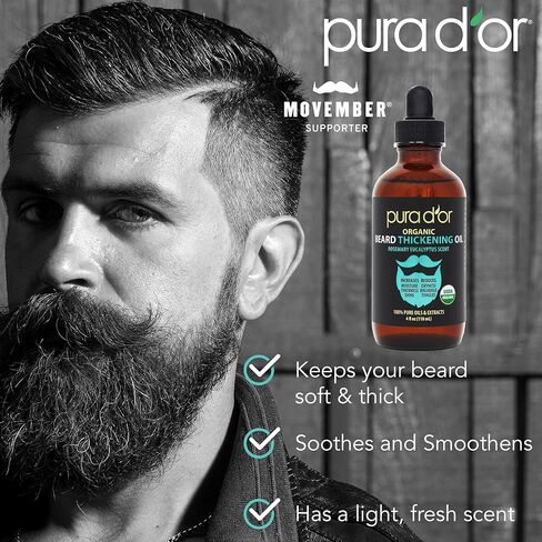 PURA D'OR Organic Beard Oil (4oz / 118mL) 100% Pure - USDA Certified - Natural Leave-In Conditioner, Argan & Jojoba Oil - Mustache Care & Maintenance, Increase Softness & Strength (Packaging may vary) in Kuwait