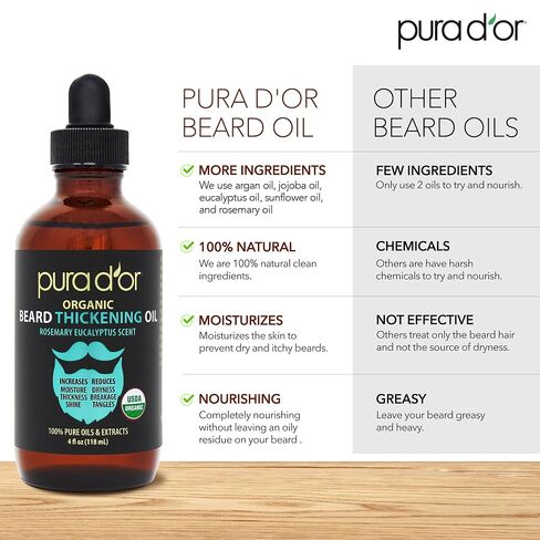 PURA D'OR Organic Beard Oil (4oz / 118mL) 100% Pure - USDA Certified - Natural Leave-In Conditioner, Argan & Jojoba Oil - Mustache Care & Maintenance, Increase Softness & Strength (Packaging may vary) in Kuwait