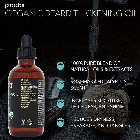 PURA D'OR Organic Beard Oil (4oz / 118mL) 100% Pure - USDA Certified - Natural Leave-In Conditioner, Argan & Jojoba Oil - Mustache Care & Maintenance, Increase Softness & Strength (Packaging may vary) in Kuwait