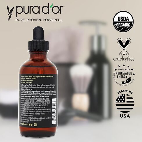 PURA D'OR Organic Beard Oil (4oz / 118mL) 100% Pure - USDA Certified - Natural Leave-In Conditioner, Argan & Jojoba Oil - Mustache Care & Maintenance, Increase Softness & Strength (Packaging may vary) in Kuwait