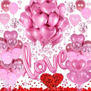 Red Valentines Day Decorations with Red Heart Balloons and Love Balloon, Fake Rose Petals for Wedding Decor, Anniversary Decorations Romantic with red Latex Balloons and Heart Hanging Decor in Saudi Arabia