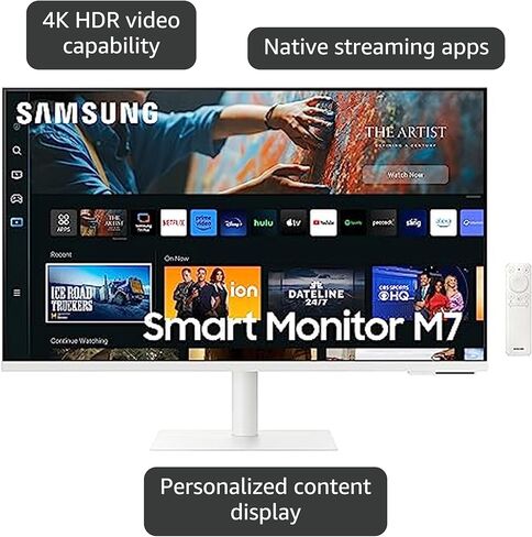 سامسونج 32 بوصة M70B Series 4K UHD USB-C شاشة ذكية وتلفزيون بث مباشر، 4 مللي ثانية، 60 هرتز، HDR10، شاشة لاسلكية، كاميرا Slimfit، محاور الألعاب وإنترنت الأشياء، Alexa مدمج، 2022، LS32BM703UNXZA، أبيض in Saudi Arabia