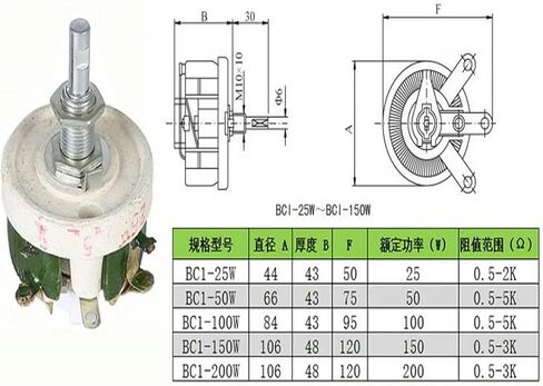 50W BC1 Power rheostat rotary variable wire wound resistor disc shape adjustable resistor 5R 10R 20R 50R 100R 200R 300R(500R) in Saudi Arabia