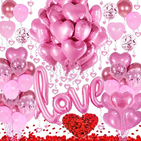 Red Valentines Day Decorations with Red Heart Balloons and Love Balloon, Fake Rose Petals for Wedding Decor, Anniversary Decorations Romantic with red Latex Balloons and Heart Hanging Decor in Saudi Arabia