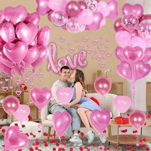 Red Valentines Day Decorations with Red Heart Balloons and Love Balloon, Fake Rose Petals for Wedding Decor, Anniversary Decorations Romantic with red Latex Balloons and Heart Hanging Decor in Saudi Arabia
