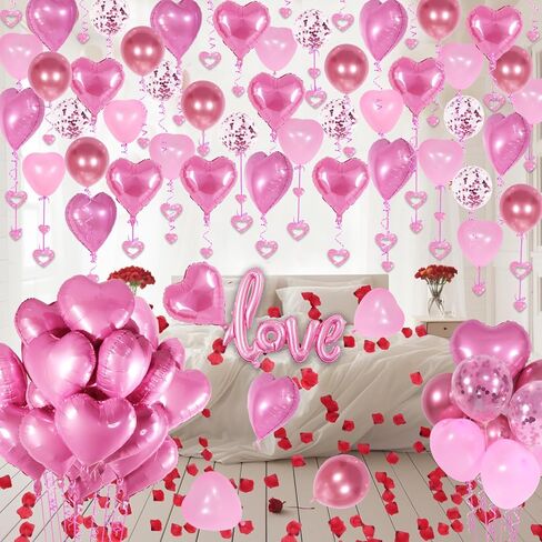 Red Valentines Day Decorations with Red Heart Balloons and Love Balloon, Fake Rose Petals for Wedding Decor, Anniversary Decorations Romantic with red Latex Balloons and Heart Hanging Decor in Saudi Arabia