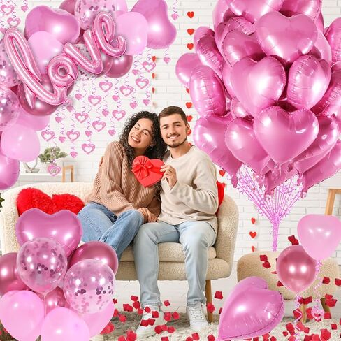 Red Valentines Day Decorations with Red Heart Balloons and Love Balloon, Fake Rose Petals for Wedding Decor, Anniversary Decorations Romantic with red Latex Balloons and Heart Hanging Decor in Saudi Arabia