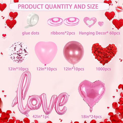 Red Valentines Day Decorations with Red Heart Balloons and Love Balloon, Fake Rose Petals for Wedding Decor, Anniversary Decorations Romantic with red Latex Balloons and Heart Hanging Decor in Saudi Arabia