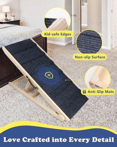 منحدر خشبي قابل للطي للكلب للسرير iPetba منحدر للحيوانات الأليفة غير قابل للانزلاق وقابل للتعديل للأريكة للكلب الصغير المتوسط ​​بطول 31.5 بوصة و4 مستويات ارتفاع من 9.5 إلى 18.5 بوصة مع 5 بساط جر للقطط لأريكة السيارة (حتى 40 رطلاً) in Kuwait