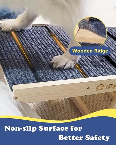 منحدر خشبي قابل للطي للكلب للسرير iPetba منحدر للحيوانات الأليفة غير قابل للانزلاق وقابل للتعديل للأريكة للكلب الصغير المتوسط ​​بطول 31.5 بوصة و4 مستويات ارتفاع من 9.5 إلى 18.5 بوصة مع 5 بساط جر للقطط لأريكة السيارة (حتى 40 رطلاً) in Kuwait