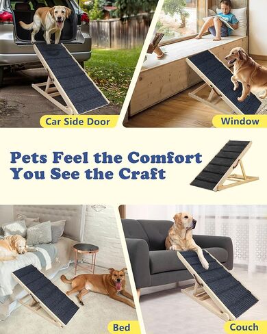 منحدر خشبي قابل للطي للكلب للسرير iPetba منحدر للحيوانات الأليفة غير قابل للانزلاق وقابل للتعديل للأريكة للكلب الصغير المتوسط ​​بطول 31.5 بوصة و4 مستويات ارتفاع من 9.5 إلى 18.5 بوصة مع 5 بساط جر للقطط لأريكة السيارة (حتى 40 رطلاً) in Kuwait