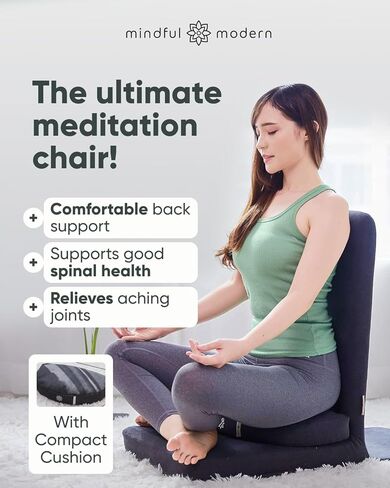 كرسي التأمل الاحترافي القابل للطي من Mindful Modern - مقعد تأمل قابل للتعديل مع دعم الظهر ووسادة تأمل الحنطة السوداء نصف القمر - كرسي مريح لأرضية غرفة المعيشة in Kuwait