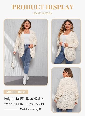 سترة Eytino النسائية بمقاس كبير من الكروشيه بأكمام طويلة مجوفة ومفتوحة من الأمام ملابس خارجية (1X-5X) in Kuwait